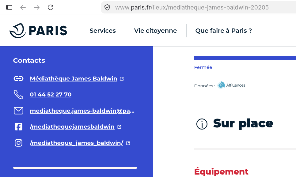 section « contacts » de la médiathèque James Baldwin