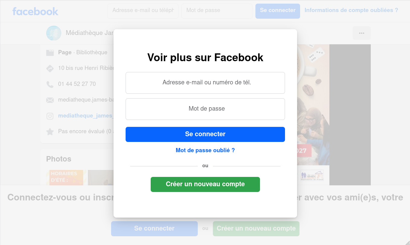 page Facebook de la médiathèque James Baldwin pour quelqu&rsquo;un qui n&rsquo;est pas connecté