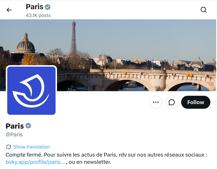 le profil X/Twitter de la ville de Paris, qui redirige vers Bluesky